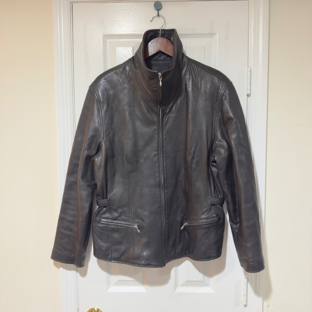 Chaarm Genuine Leather Jacket XL Black Café Racer Moto Y2K High Collar
